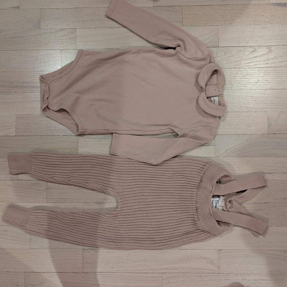 Baby Pink Long Sleeve Onesie and Knit Overalls